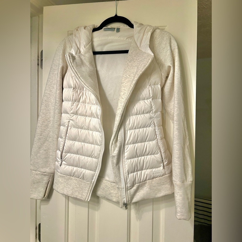 ATHLETA Goose Down Asymmetrical Zip Puffer Sweater Jacket w/ Thumb Holes XXS